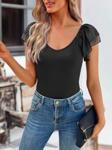 SHEIN LUNE Camiseta de manga corta y cuello redondo de mujer, negra, acanalada y de uso versátil para el verano - Negro - Ver 6