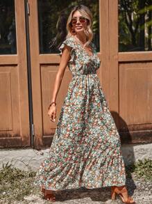 SHEIN Clasi Allover Floral Print Butterfly Sleeve Ruffle Hem Dress