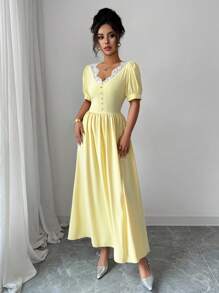 Modelyn Vestido de diseño elegante francés para mujer, ajustado a la cintura y de corte ceñido - Amarillo - Ver 4