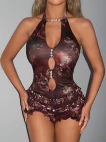 SHEIN ICON 2025 New Arrival Sweet Vacation & Party Going Back To School Earthy Color Beaded Front Cutout Ruffled Hem Women's Romper