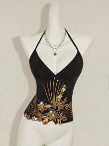 SHEIN ICON 女式 Y2K 风格花朵串珠刺绣不对称下摆露背吊带背心，波西米亚风时尚性感