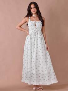 Enchnt Vestido maxi de princesa con estampado floral blanco, volantes y lazos en los tirantes para mujer, romántico de verano - Multicolor - Ver 5