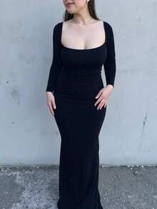 INAWLY 女士纯色简约方领长袖连衣裙，适合日常穿着 - 黑色 - 查看 5