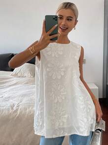 Livesso Women All-Over Floral Decor Sleeveless Round Neck Casual Vacation Summer Tank Top - White - View 2