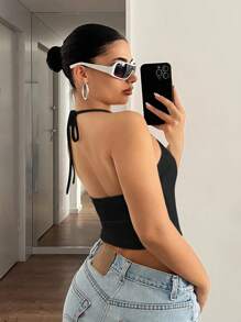 SHEIN ICON 女士休闲露背紧身吊带背心，无需胸罩，女士夏季服装，女士街头服饰，Y2K风格 - 黑色 - 查看 3