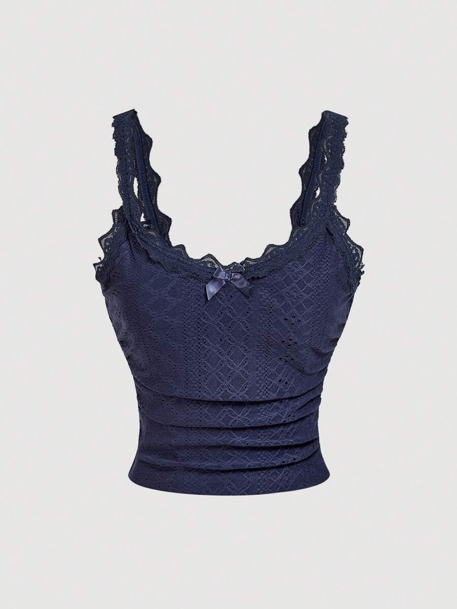 SHEIN MOD 蕾丝肩带前蝴蝶结装饰腰部褶饰提花针织吊带背心 - 藏蓝色 - 查看 1