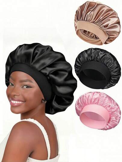 2pcs Silk Bonnet For Sleeping, Satin Hair Bonnets, Soft Elastic Band Silk Sleep Cap, Silk Hair Wrap For Curly Hair (Black Gold) Home Bathroom Decor Summer Hair Bonnet