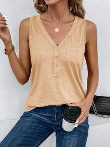 SHEIN Clasi Women's Plain Color V-Neck Button Design Casual Tank Top, Summer - Apricot - View 5