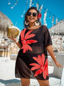 Swim Lushoire 大码女式网眼短袖印花宽松短款沙滩罩衫 - 紅色 - 查看 4