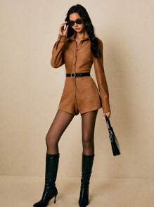 Poéselle Women's Casual Retro Front Button Romper - Brown - View 1