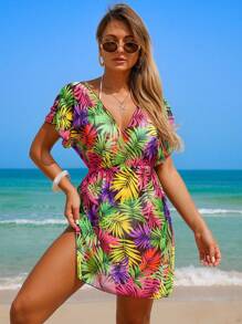 Swim Lushoire Váy Kaftan tay ngắn in họa tiết cây nhiệt đới dành cho nữ - Nhiều màu - Xem 5