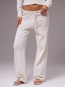 MUSERA Spodnie z niskim stanem, ściągaczem w pasie i szerokimi nogawkami, dzianinowe, codzienne, jesień, zima, na co dzień, do pracy, eleganckie, na wiosnę - Biały - Zobacz 2