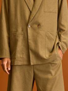 Musero 男士休闲修身双排扣西装外套，夏季度假必备 - 棕色 - 查看 5
