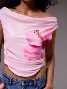 MUSERA Graphic Flower Detail Asymmetric Off The Shoulder Top Summer Fun Holiday Vacation Ibiza Festival Going Out Tops Spring - Pink - View 6
