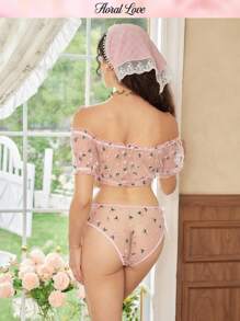 Bộ áo ngực ren hoa ngọt ngào gợi cảm, áo ngực và quần lót thêu nơ vá lãng mạn đồng quê - Hồng - Xem 2