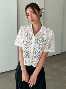 DAZY Women's Delicate Lace Front Cardigan Elegant Casual Short Blouse, Summer - White - View 4