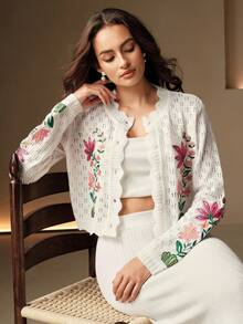 Anewsta Women's Floral Embroidery Hollow Out Long Sleeve Single-Breasted Cardigan - White - View 1