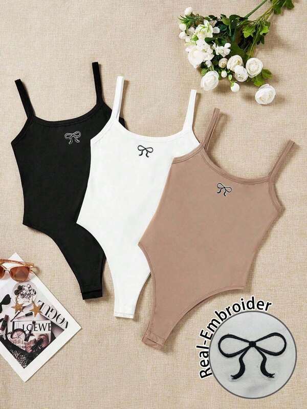 Attitoon 3 Stücke Damen verspielte Schleifenblumen bestickte ärmelloser Bodysuit, Lässig Kleidung geeignet für den Sommer