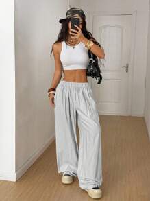 SHEIN EZwear 女士休闲纯色阔腿裤 - 白色 - 查看 5