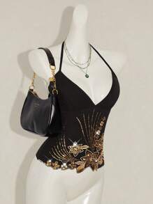 SHEIN ICON 女式 Y2K 风格花朵串珠刺绣不对称下摆露背吊带背心，波西米亚风时尚性感