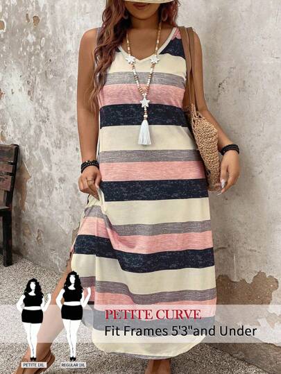 SHEIN PETITE Plus Size Women Spring/Summer Casual Striped Dress