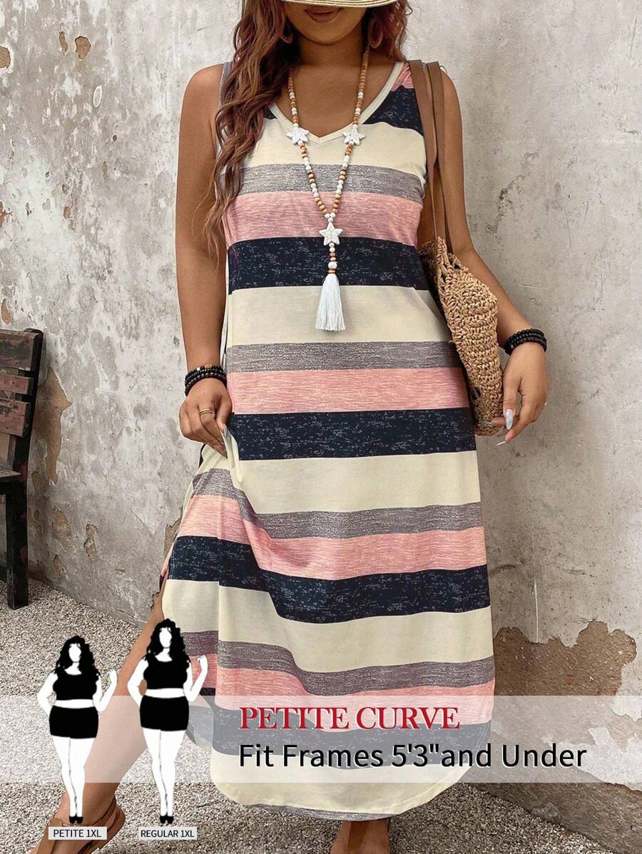 SHEIN PETITE Plus Size Women Spring/Summer Casual Striped Dress - Multicolor - View 1