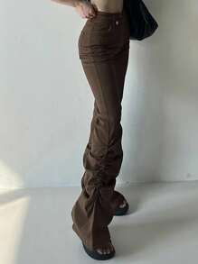 DAZY Pantalones casuales de mujer de unicolor con bolsillos y vuelo plisado - Marrón - Ver 3