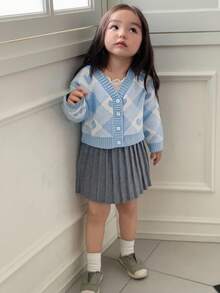 DAZY 女婴心形图案长袖单排扣休闲开衫 - 淺藍色 - 查看 2