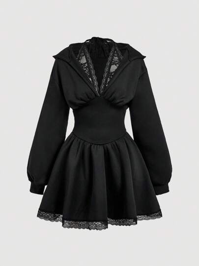 SHEIN MOD Plus SizeWomen Casual Long Sleeve Lace Patchwork Waist Dress,Autumn,Fall Women Clothes,Back To School Clothes,2 In 1,Teacher Outfits,Homecoming Dress,Country,Fall Dresses For Women,Y2k Clothes Women,Best Selling,Oversize