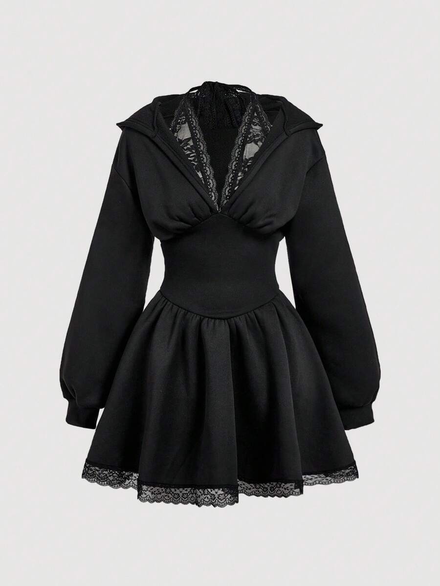 SHEIN MOD Plus SizeWomen Casual Long Sleeve Lace Patchwork Waist Dress,Autumn,Fall Women Clothes,Back To School Clothes,2 In 1,Teacher Outfits,Homecoming Dress,Country,Fall Dresses For Women,Y2k Clothes Women,Best Selling,Oversize