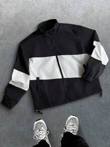 Manfinity Campus Court Giacca antivento da uomo con blocchi di colore, coulisse, cerniera, manica lunga, basic, per uscire, regalo per il fidanzato, giacca antivento nera e bianca, giacca antivento da uomo per uso all'aperto, giacca casual da uomo per uso all'aperto