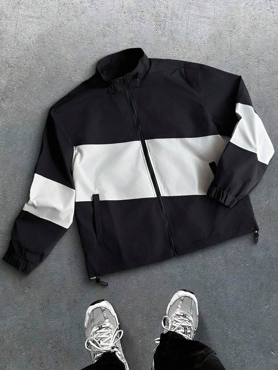 Manfinity Campus Court Giacca antivento da uomo con blocchi di colore, coulisse, cerniera, manica lunga, basic, per uscire, regalo per il fidanzato, giacca antivento nera e bianca, giacca antivento da uomo per uso all'aperto, giacca casual da uomo per uso all'aperto
