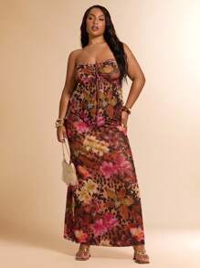 SHEIN BAE 大码女装曲线服装夏季海滩度假服装，约会旅行，外出，音乐节，乡村音乐节，派对聚会，节日服装，音乐会服装，狂欢节派对服装，节日服装，INS风格服装，黑色性感蕾丝透视套装，抹胸抽绳上衣套装错摆套装 - 彩色 - 查看 7