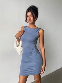 INAWLY 女士优雅纯色无袖修身连衣裙，夏季 - 藍色 - 查看 4