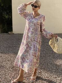 Livesso Print Straight Loose Beach Dress For Women,Fall Dress Long Sleeve Dress Vacation Outfits Women - Purple - View 4