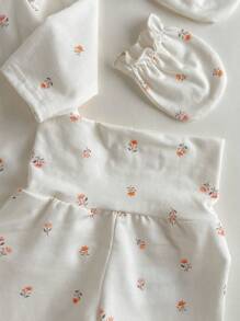 Loomiva 新生男婴/女婴 5 件套碎花针织柔软圆领长袖上衣、松紧腰裤、襁褓毯、帽子和手套 - 杏色 - 查看 3