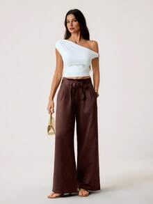 SHEIN Tall 女式休闲百搭纯色直筒正装裤 - 棕色 - 查看 6