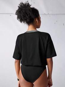 SHEIN Sports Women's Casual Number Print V-Neck Short Sleeve Jumpsuit V-Neck Long Sleeve Contrast Binding Mesh Jumpsuit, Versatile, Personalized Mesh & Satin Patchwork V-Neck Number & English Letter Casual T-Shirt, Women's Numbers Printed Casual Sports T-Shirt, Street Fashion Style, Numbers Women Sports Tees & Tanks, Black T-Shirt, Short Sleeves, Bodysuit Women's Short Sleeve Casual Sports Shirt Football Outfit Women Sports Outfit Athletic Matching Set Sporty Clothes Cute Athletic Sets, Jerseys, Y2k,Soccer, Basketball, Letters, Casual T-Shirt, Streetstyle, Women Soccer Jersey Women Sports Jersey - Black - View 5