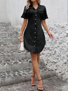 EMERY ROSE Women's Casual Denim Dress With Short Sleeve, Single-Breasted Pocket Design - Dark Grey - View 4