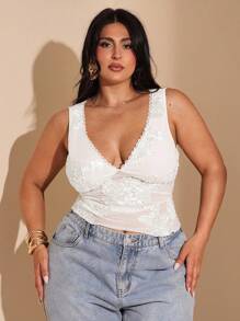 SHEIN BAE Blusa sin mangas con escote en V y ribete de encaje, elegante y sexy, para mujer de talla grande. Adecuada para vacaciones, citas diarias, salidas nocturnas, discotecas, fiestas, fiestas en la piscina, vacaciones casuales, y uso en la playa.