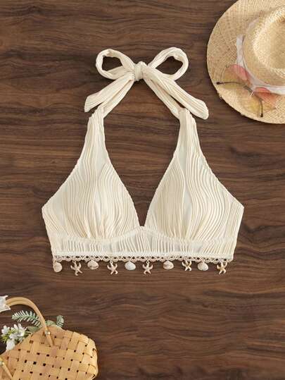 Swim Vcay 1 pieza Parte superior de tirantes para mujer para vacaciones de verano, unicolor con dobladillo con flores y decoración de conchas