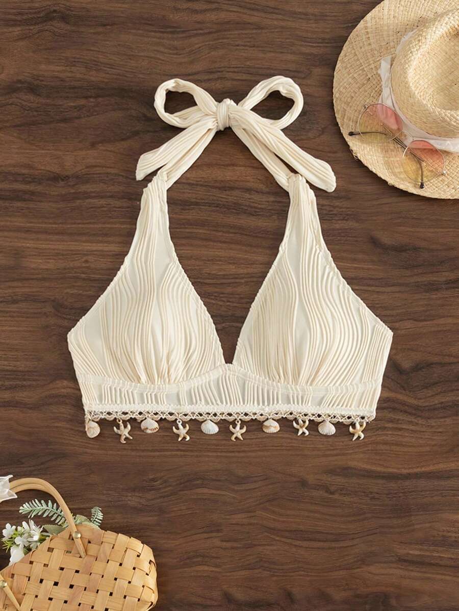 Swim Vcay 1pc Women's Summer Holiday Beach Halter Top, Solid Color With Floral Hem & Shell Decor - Apricot - View 1