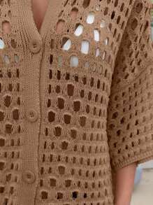 EURMUSE Women Hollow Out Cut Out Button Front Knit Shirt Top And Sweater Pant 2pcs Set Co-Ords Cover Up Beach Set - Camel - View 8