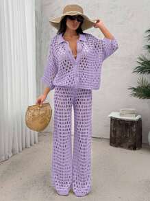 EURMUSE Women Hollow Out Cut Out Button Front Knit Shirt Top And Sweater Pant 2pcs Set Co-Ords Cover Up Beach Set - Lilac Purple - View 3