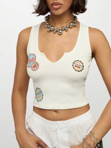 SUMWON WOMEN Notch Neck Crop Tank Top Badge Print Ribbed Summer Y2K Streetwear Retro Soda Pop Art Vintage Inspired Festival Sleeveless Vest - White - View 5