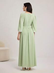 Modelyn Elegant Crew Neck Lace Applique Big Cuffs Asymmetrical Hem Waisted Women Dress, Spring/Summer - Green - View 2