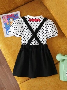 GARFIELD | SHEIN 少女卡通可爱猫咪刺绣连衣裙 & 圆领波点泡泡袖 T 恤夏日趣味 2 件套 - 黑與白 - 查看 2