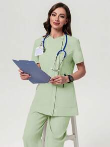 Scrubzie Anti-Wrinkle Long V-Neck Shirt And Long Pants 2 Pieces /Healthcare Scrub Uniform Set - Green - View 7