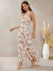 L'Amorae Vestido elegante con espalda anudada, tipo halter, de paneles y vuelo para vacaciones, atuendos de verano para mujeres