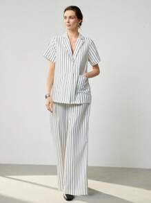 Uhlyne Fall Women Clothes 2pcs Women's Elevated Basic Fashion Set - Stylish Design Slim Fit Solid Color Casual/Work Outfit Striped Set Women Suit Set Striped Two Pieces Set Striped Pantsuit - Black and White - View 5